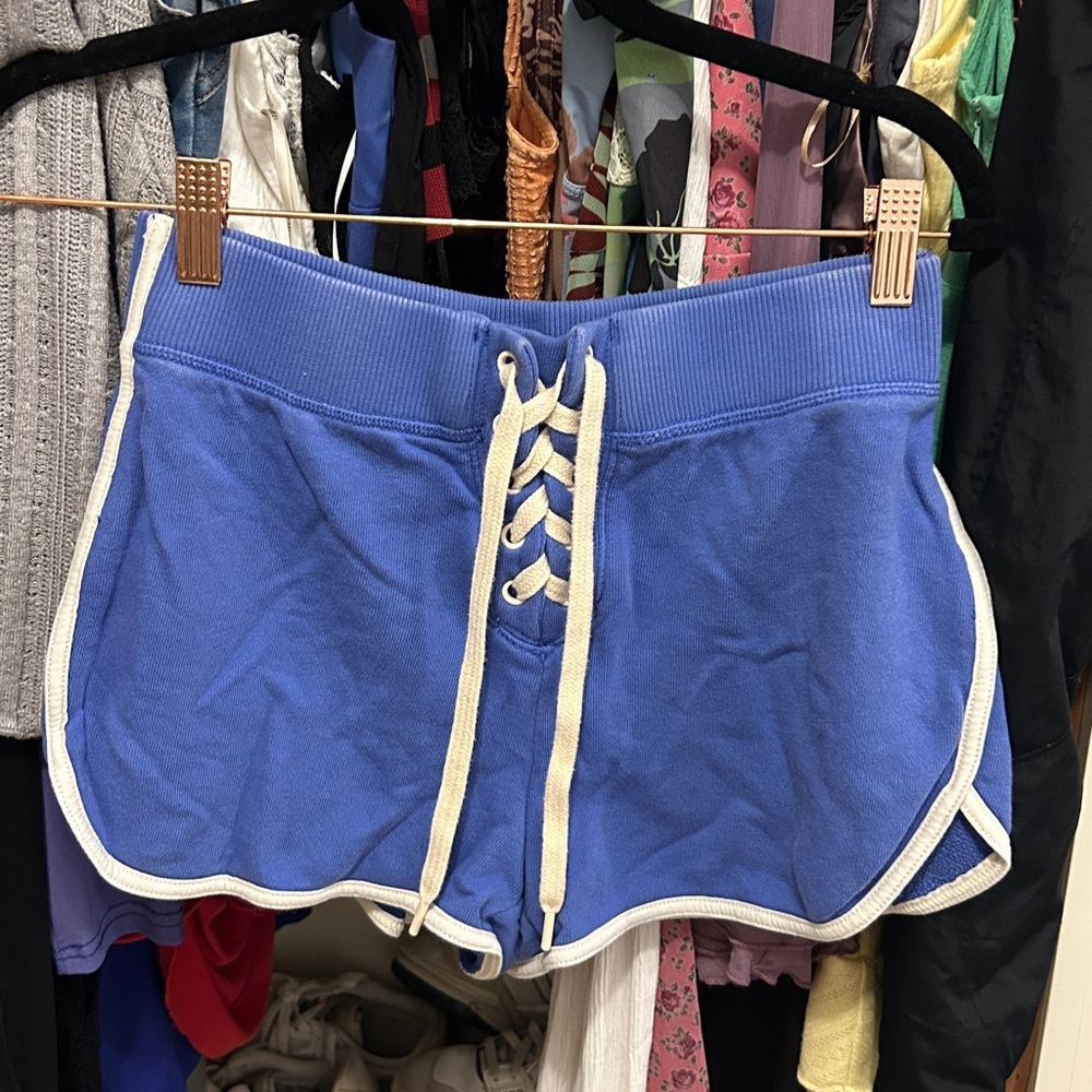 Aerie High Waist Blue and White Lace-Up Shorts